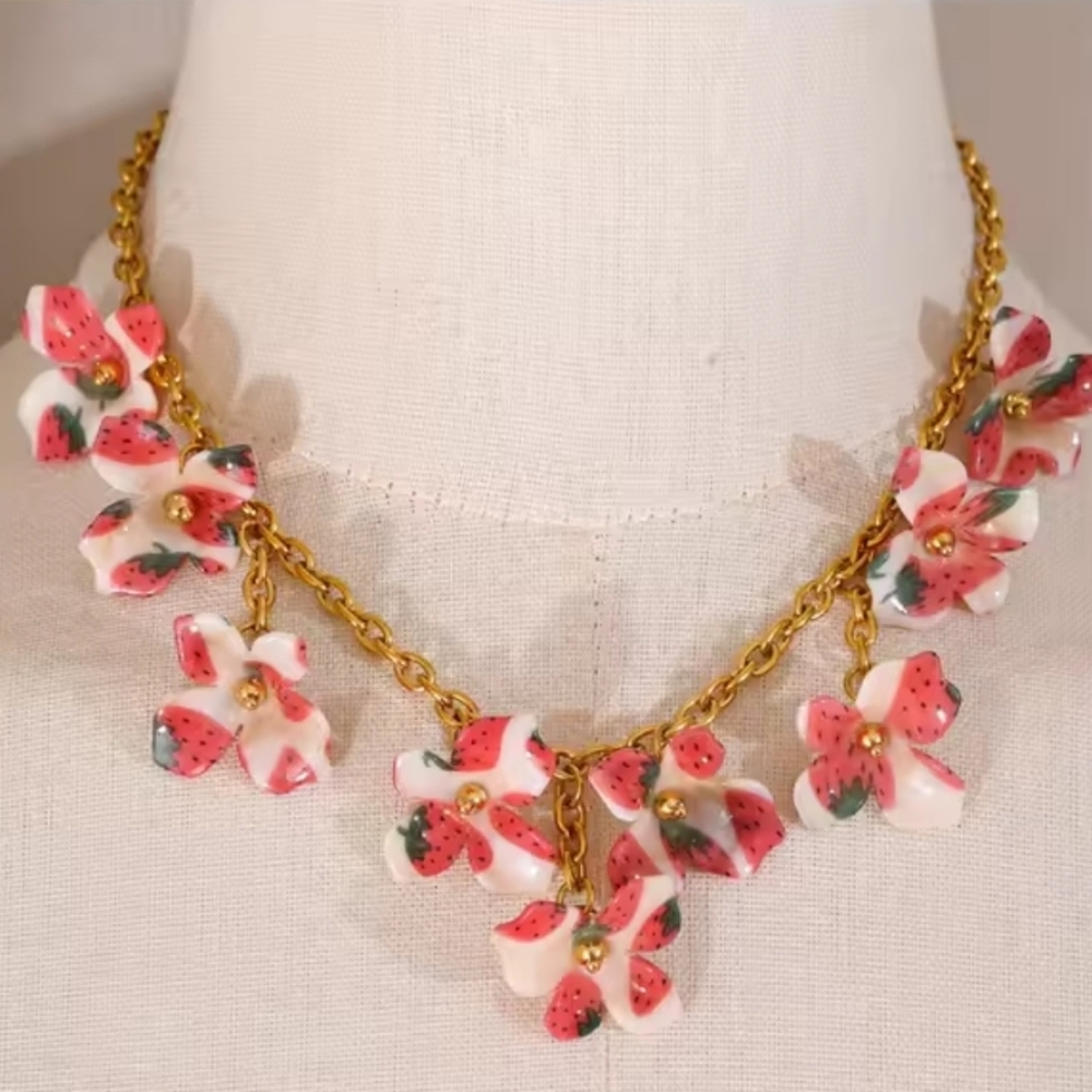 Floral Strawberry Charm Necklace 18k Gold Ss | NWOT